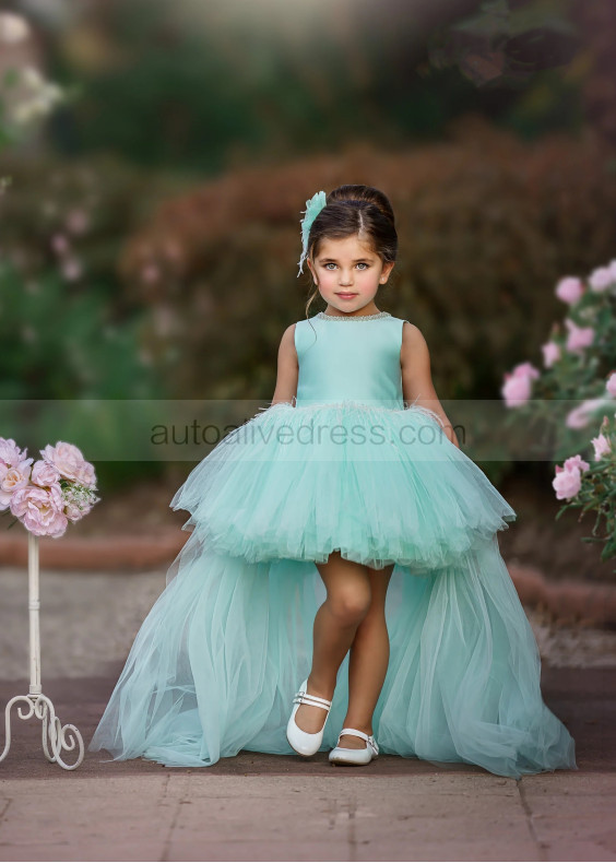 Beaded Mint Green Satin Tulle High Low Flower Girl Dress